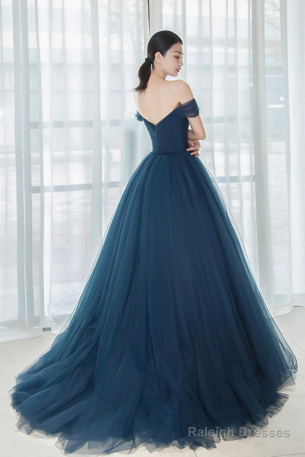 Elegant Tulle Long A-Line Prom Dress, Blue Off The Shoulder Evening Dress