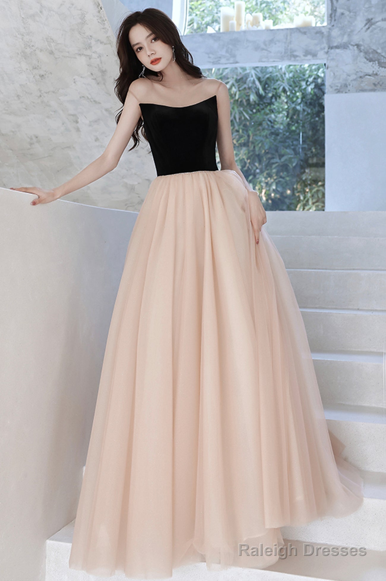 Elegant Tulle Long A-Line Prom Dress, Champagne Scoop Neckline Evening Dress