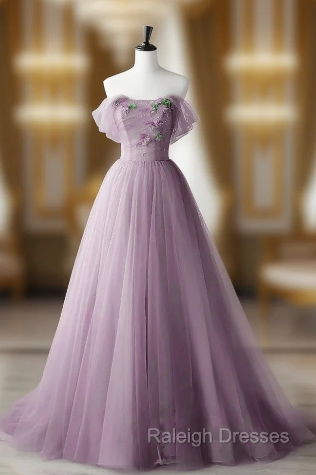 Elegant Tulle Long Party Dress with Flowers, A-line Tulle Evening Dress Prom Dress