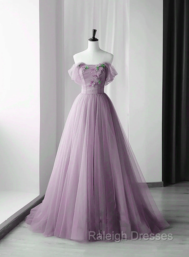 Elegant Tulle Long Prom Dresses with Flowers A Line Tulle Prom Dresseses