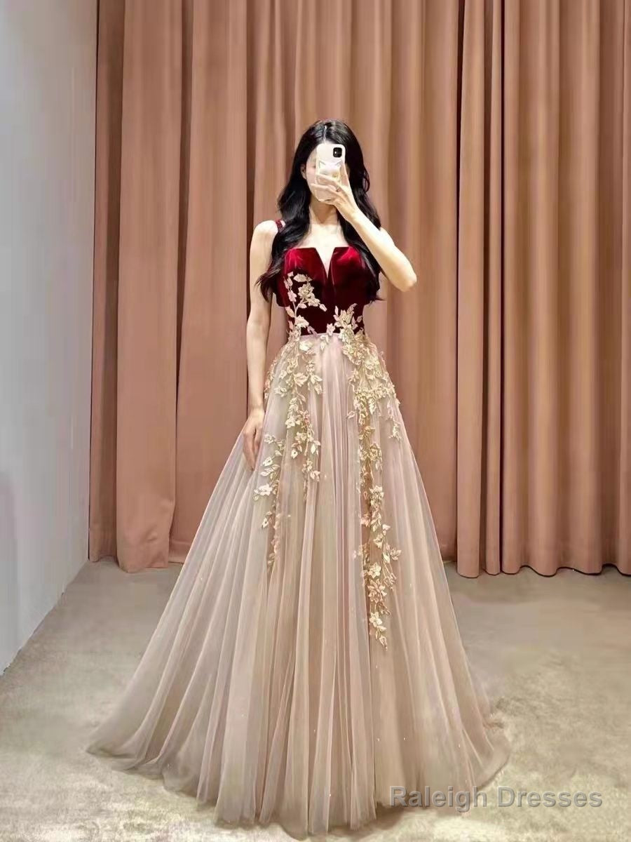 Elegant Tulle With Velvet Long Straps Long Evening Gown, A-Line Tulle Prom Dresses Secondary image