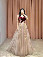 Elegant Tulle With Velvet Long Straps Long Evening Gown, A-Line Tulle Prom Dresses