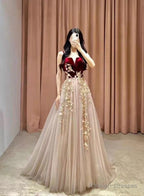 Elegant Tulle With Velvet Long Straps Long Evening Gown, A-Line Tulle Prom Dresses