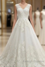Elegant V Neck Lace Ball Gown Wedding Dress