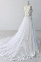 Elegant V Neck Lace Tulle A Line Wedding Dresses