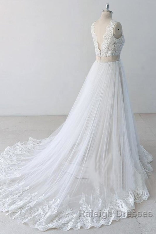 Elegant V Neck Lace Tulle A Line Wedding Dresses