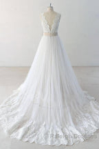 Elegant V Neck Lace Tulle A Line Wedding Dresses