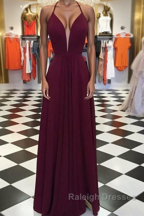 Elegant V Neck Open Back Burgundy Prom Dresses, Open Back Burgundy Formal Dresses, Long Burgundy Evening Dresses