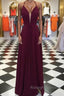 Elegant V Neck Open Back Burgundy Prom Dresses, Open Back Burgundy Formal Dresses, Long Burgundy Evening Dresses