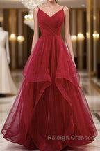 Elegant V Neck Open Back Sequins Burgundy Long Prom Dress, Shiny Burgundy Formal Dress, Fluffy Burgundy Evening Dress