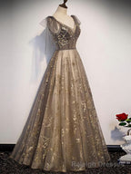Elegant V Neck Organza Grey Lace A Line Spaghetti Straps Lace-up Back Long Prom Dress