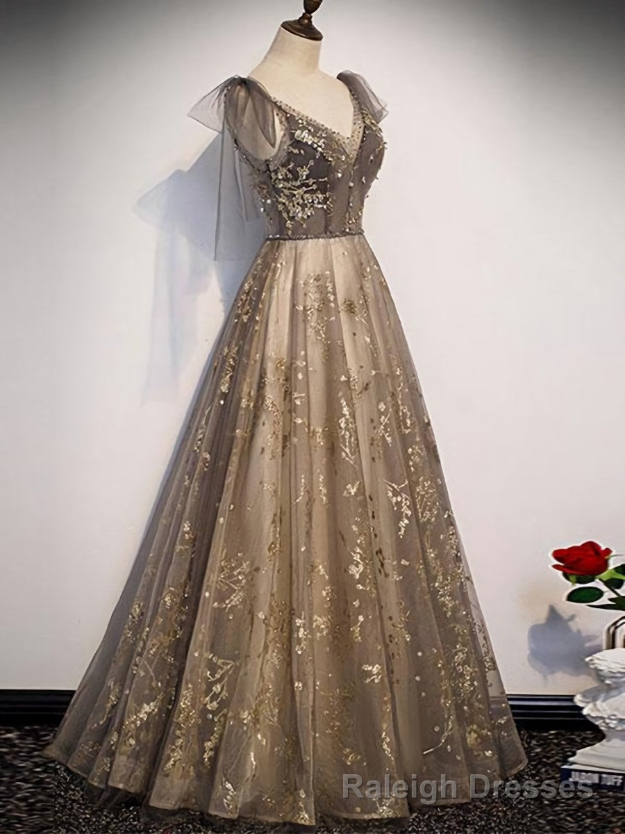 Elegant V Neck Organza Grey Lace A Line Spaghetti Straps Lace-up Back Long Prom Dress