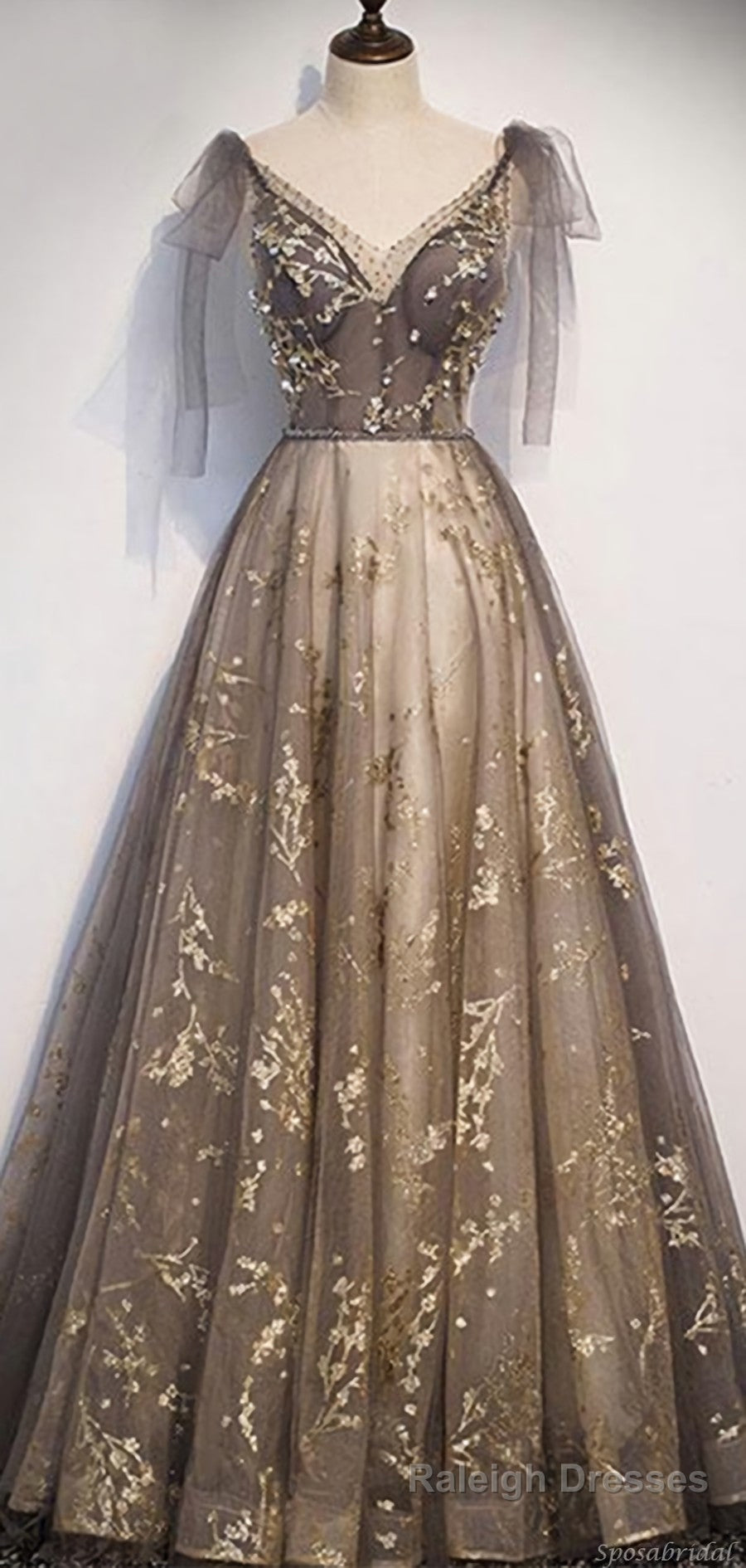 Elegant V Neck Organza Grey Lace A Line Spaghetti Straps Lace-up Back Long Prom Dress