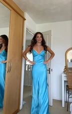 Elegant V-Neck Spaghetti Memriad Long Prom Dresses