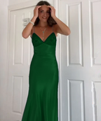 Elegant V-Neck Spaghetti Memriad Long Prom Dresses