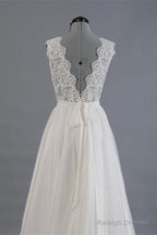 Elegant V-Neck Sweep Train White Open Back Lace Wedding Dresses