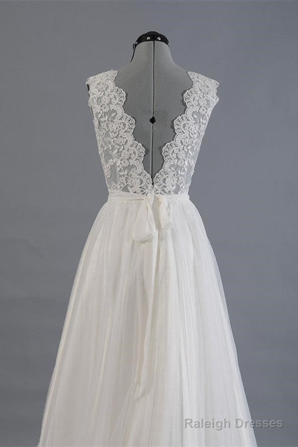 Elegant V-Neck Sweep Train White Open Back Lace Wedding Dresses