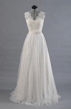 Elegant V-Neck Sweep Train White Open Back Lace Wedding Dresses