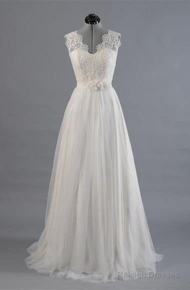 Elegant V-Neck Sweep Train White Open Back Lace Wedding Dresses