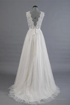 Elegant V-Neck Sweep Train White Open Back Lace Wedding Dresses