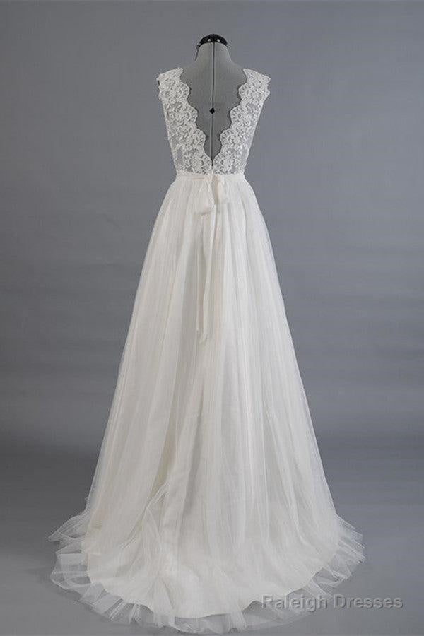 Elegant V-Neck Sweep Train White Open Back Lace Wedding Dresses