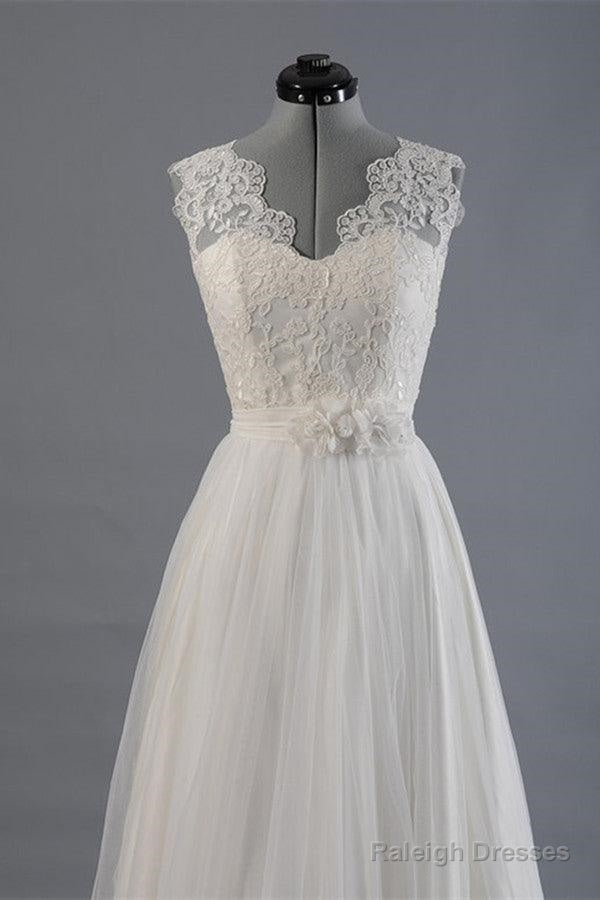 Elegant V-Neck Sweep Train White Open Back Lace Wedding Dress Main image