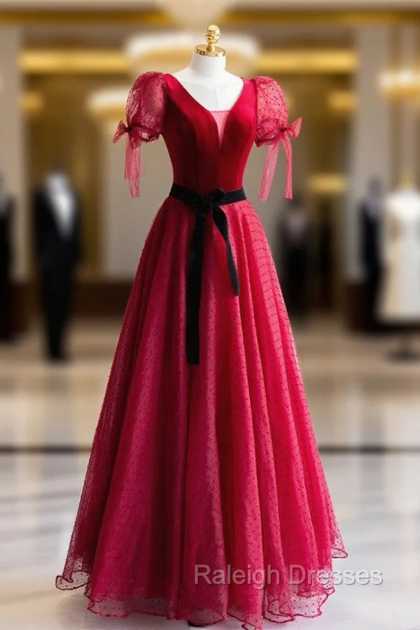 Elegant V-Neck Tulle and Velvet Long Prom Dress, Burgundy A-Line Evening Dress
