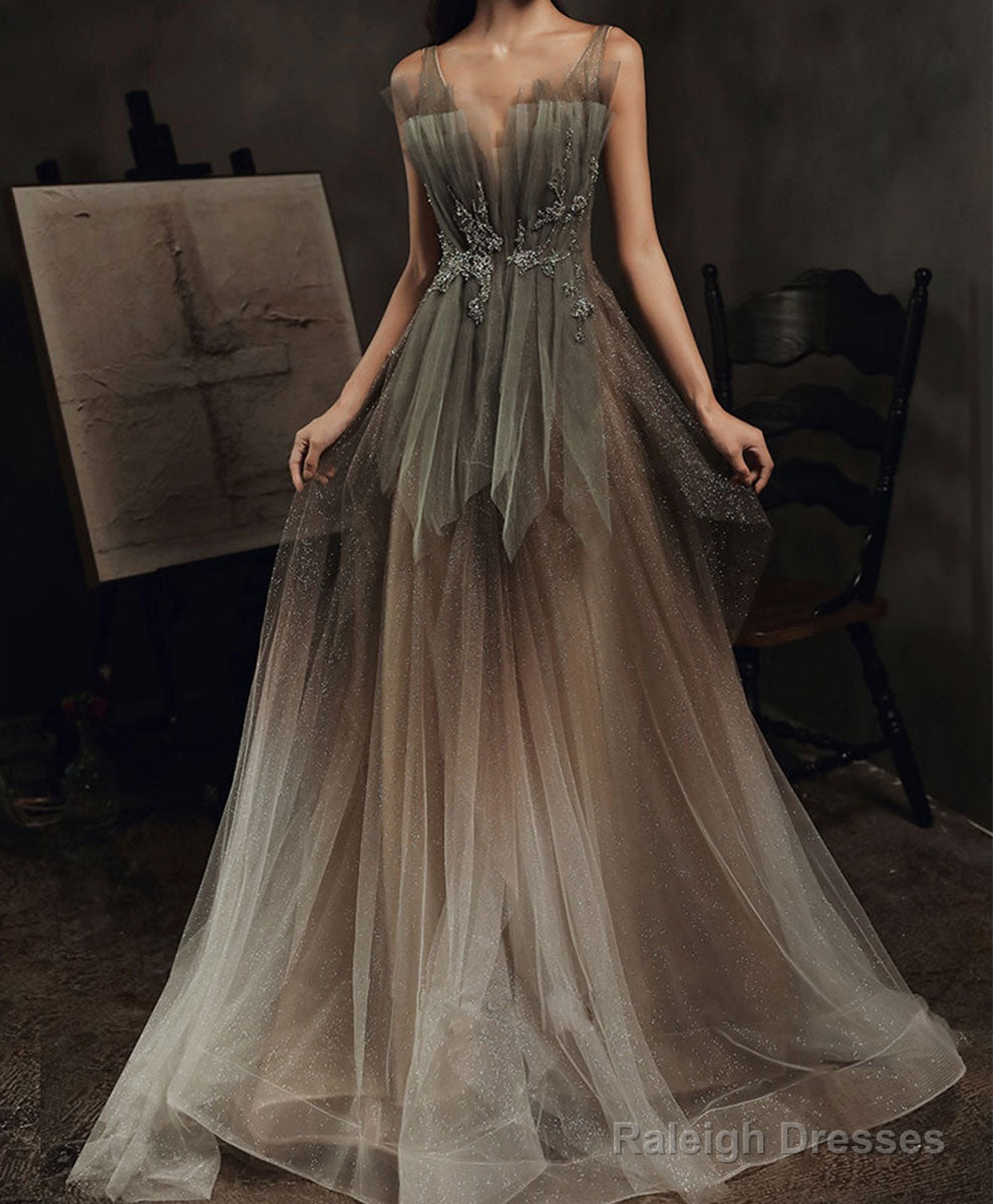 Elegant V Neck Tulle Sequin Long Prom Dress Tulle Formal Dress Secondary image