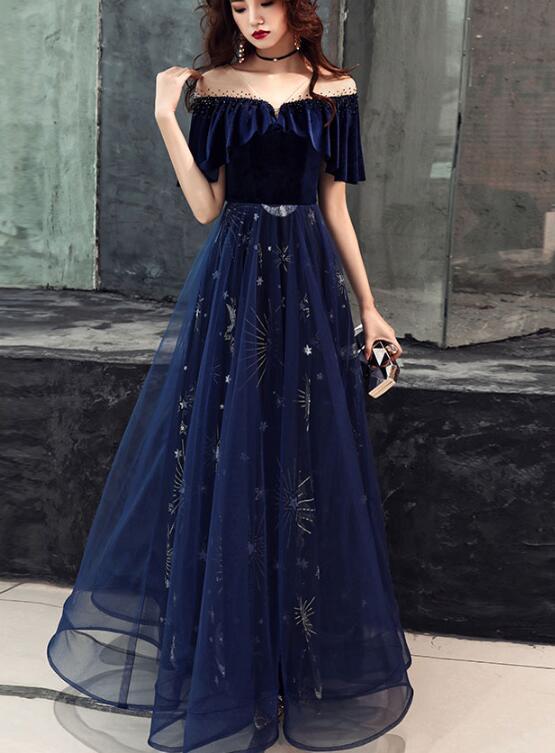 Elegant Velvet Bodice Tulle Long Prom Dresses Navy Blue Prom Dresses
