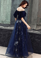 Elegant Velvet Bodice Tulle Long Prom Dresses Navy Blue Prom Dresses