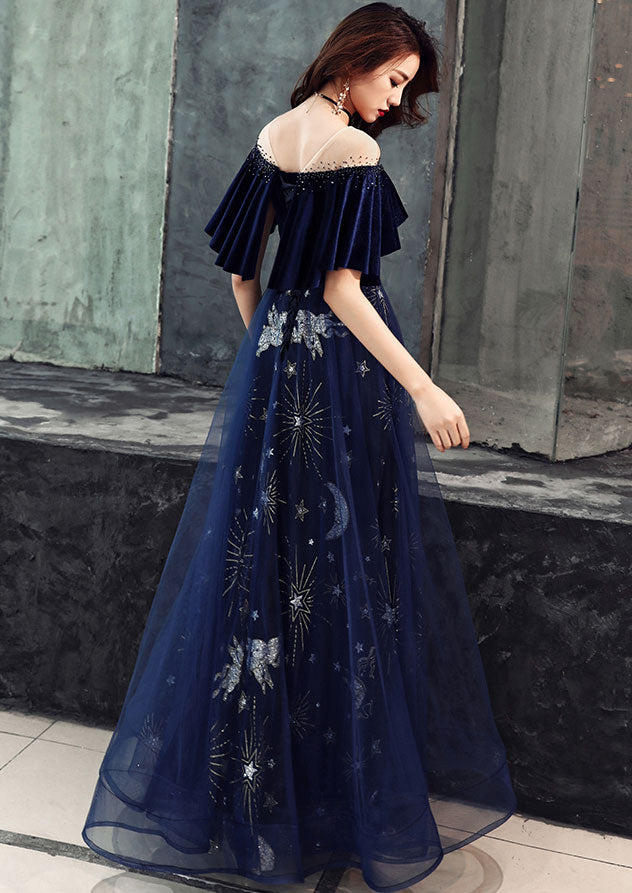 Elegant Velvet Bodice Tulle Long Prom Dresses Navy Blue Prom Dresses