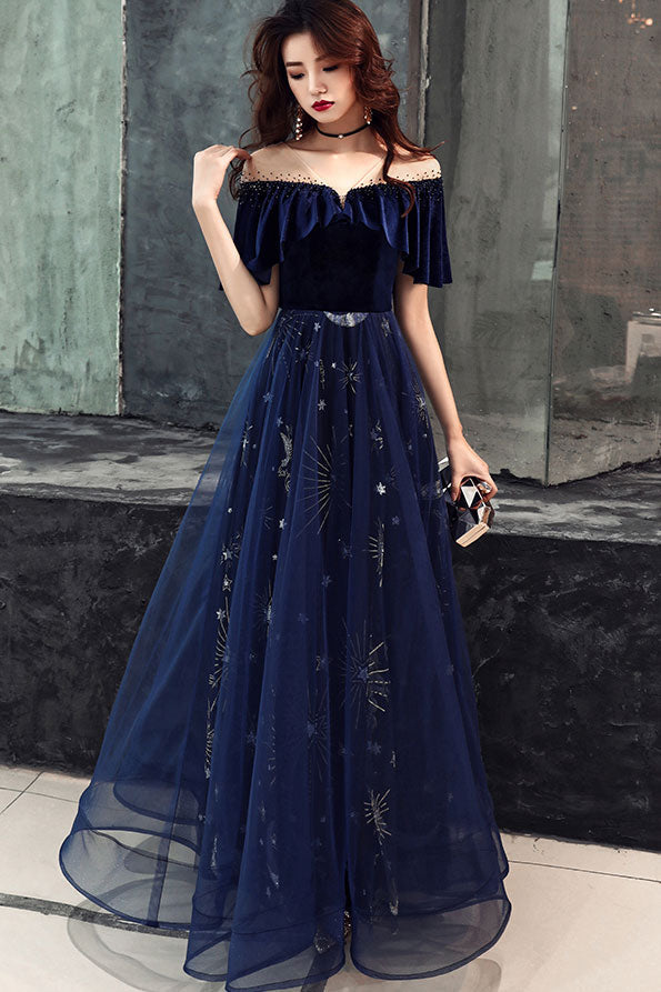Elegant Velvet Bodice Tulle Long Prom Dresses Navy Blue Prom Dresses