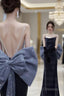 Elegant Velvet Spaghetti Straps Backless Sheath Long Prom Dresses Evening Dress With Bowknot,