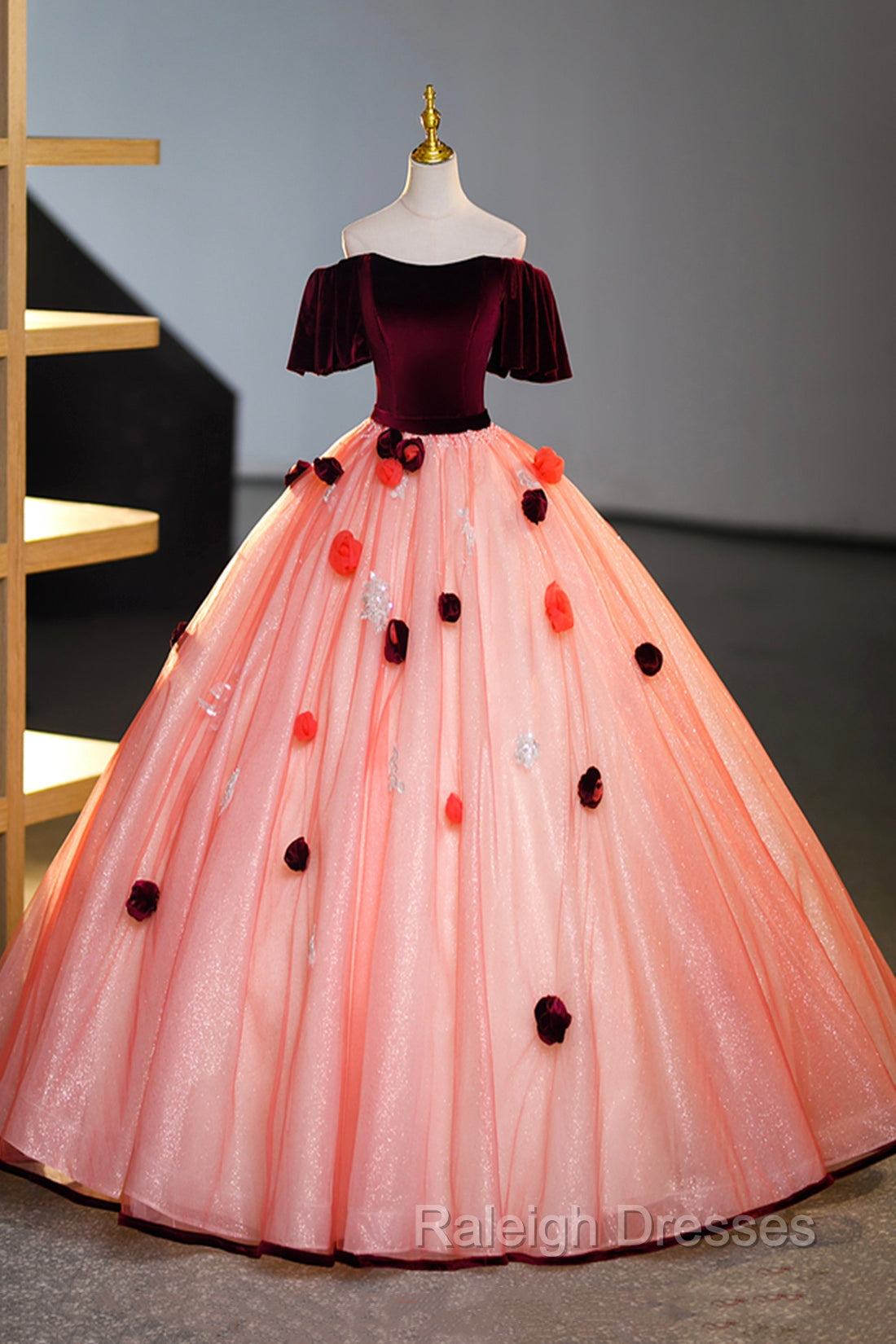 Elegant Velvet Tulle Long Formal Dress, Burgundy Off the Shoulder Sweet Flower Party Dress Main image