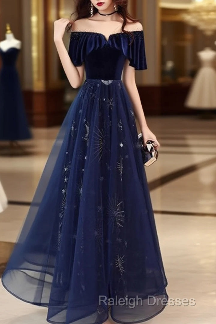 Elegant Velvet Tulle Long Formal Navy Blue Prom Dress, Main image