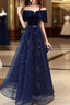 Elegant Velvet Tulle Long Formal Navy Blue Prom Dress,