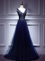 Elegant Vintage Navy Blue V-Neck Lace Embroidery Tulle Long Formal Prom Dress