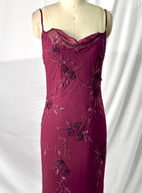 Elegant Vintage Burgundy Beaded Embroidery Thin Strap Mermaid Chiffon Long Formal Prom Dress