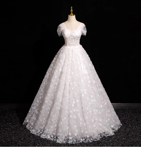 Elegant White 3D Floral Tulle Long Ball Gown Prom Dress Sweet 16 Dress