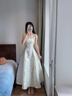 Elegant White A-Line Square Neck Halter Top With Butterfly Jacquard Satin Long Formal Prom Dress
