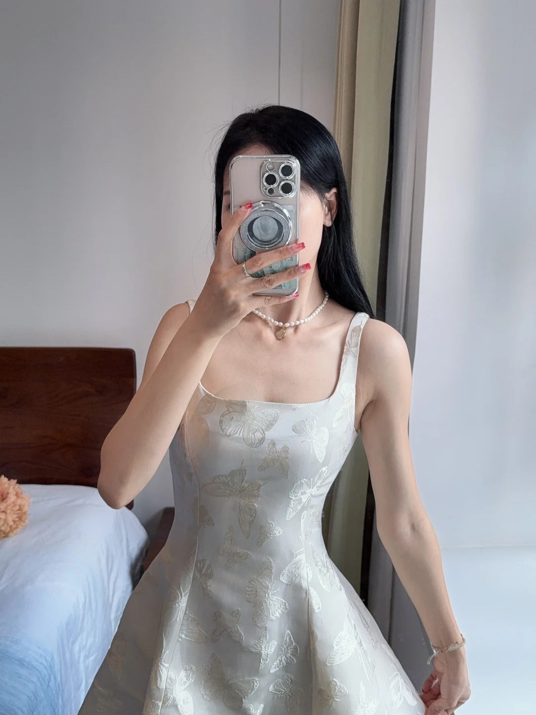 Elegant White A-Line Square Neck Halter Top With Butterfly Jacquard Satin Long Formal Prom Dress