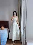 Elegant White A-Line Square Neck Halter Top With Butterfly Jacquard Satin Long Formal Prom Dress