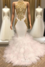 Elegant White And Gold Mermaid Prom Dress Sequins High Collar Chiffon Long