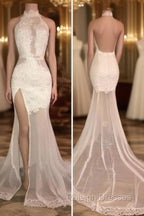 Elegant White Lace Halter Prom Party GownsMermaid Backless Party Dress With Slit