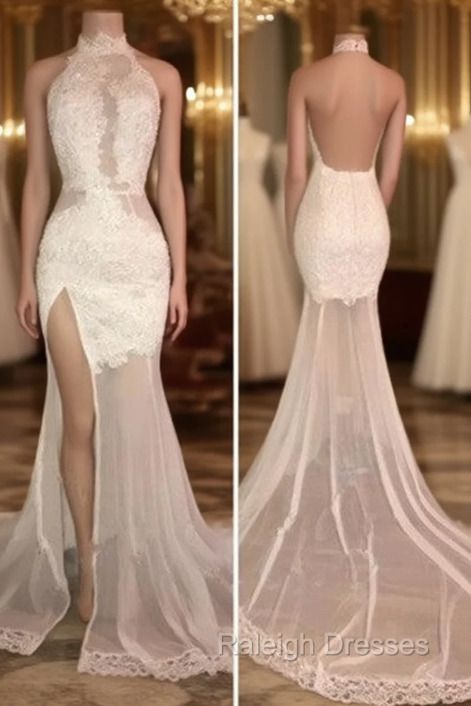Elegant White Lace Halter Prom Party GownsMermaid Backless Party Dress With Slit