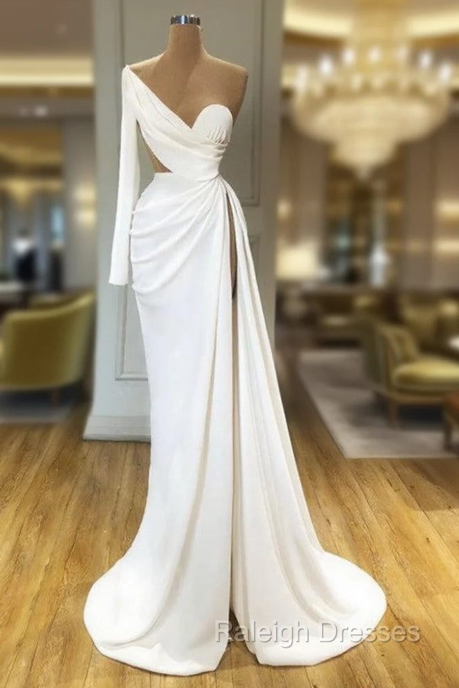 Elegant White Long Sleeve One Shoulder Prom Dress With Split