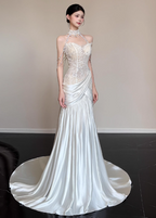 Elegant White Mermaid Halter Neck Lace Satin Train Wedding Dress