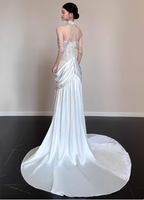Elegant White Mermaid Halter Neck Lace Satin Train Wedding Dress