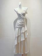 Elegant White Mermaid Ruffle Satin Formal Prom Dress Bridesmaid Dress