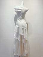 Elegant White Mermaid Ruffle Satin Formal Prom Dress Bridesmaid Dress